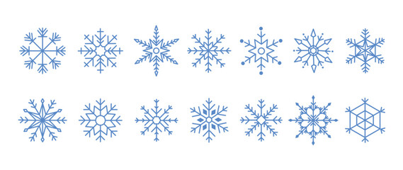Set of snowflakes linear vector icon. Geometric snowflake shape, nature and winter related vector symbol hand drawn contour collection. Line art illustration design for logo, sticker, christmas.
