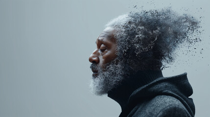 A profile side view of an old black man with gray hair and beard, his head is disintegrating into particles isolated light grey background. Lost memory from dementia or alzheimer disease concept.