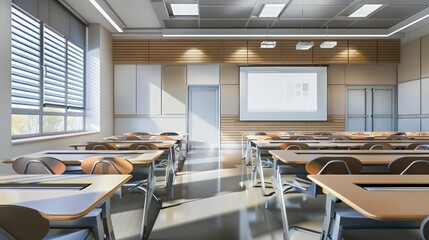 Modern classroom with clean lines, a digital whiteboard, and streamlined seating