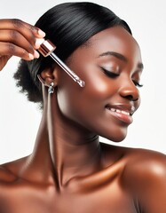 Obraz premium Brown Skinned Woman holding a Pipette with Skincare Serum - Applying Serum to her Face - Hyaluronic Acid, Anti Aging, Moisturiser, Repair, Hydrating, Vitamin, Ascorbic, Retinol, Exfoliant, Azelaic
