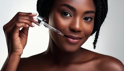Obraz premium Brown Skinned Woman holding a Pipette with Skincare Serum - Applying Serum to her Face - Hyaluronic Acid, Anti Aging, Moisturiser, Repair, Hydrating, Vitamin, Ascorbic, Retinol, Exfoliant, Azelaic