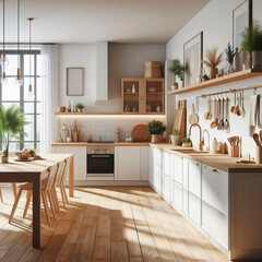 Fototapeta premium Kitchen interior modern house white room bright house design furniture. Wooden kitchen interior 