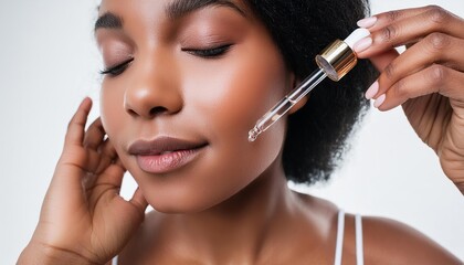 Fototapeta premium Brown Skinned Woman holding a Pipette with Skincare Serum - Applying Serum to her Face - Hyaluronic Acid, Anti Aging, Moisturiser, Repair, Hydrating, Vitamin, Ascorbic, Retinol, Exfoliant, Azelaic