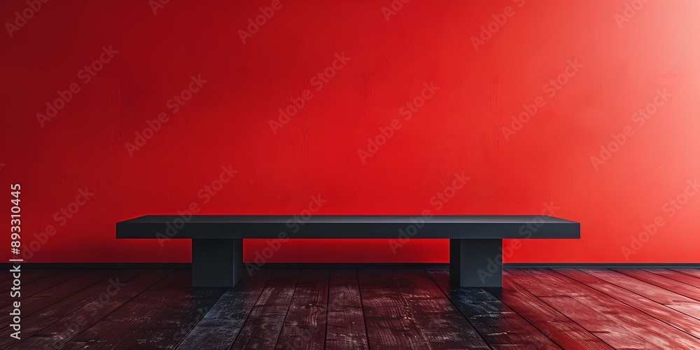 Poster modern black matte table with vibrant red background for product display and presentation