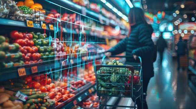 People shopping in a grocery store with an overlaid stock market graph. The graph displays fluctuating financial data