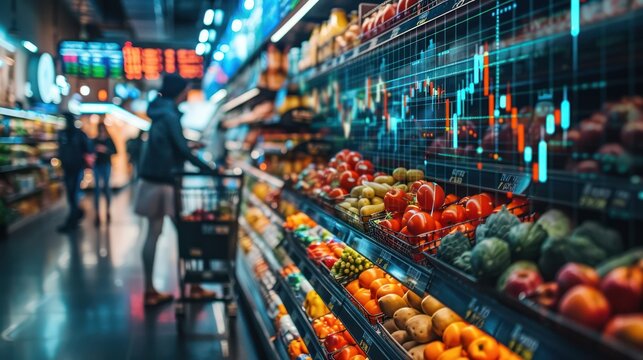 People shopping in a grocery store with an overlaid stock market graph. The graph displays fluctuating financial data - Powered by Adobe