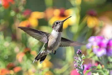 Naklejka premium A Ruby Throated Hummingbird hovers deciding which bloom to attack next