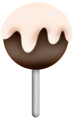 A dark chocolate lollipop ball with creamy milk flowing drop on the top of ball with a white-grey stick holder.