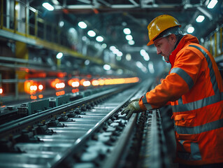 Industrial Worker Inspecting Railroad Tracks in Factory Setting