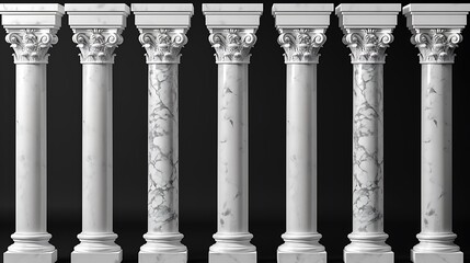 Seven ancient Greek Roman white classical marble columns with black background for justice courthouse building architectural structure tradition strength concept.