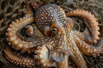 Obraz premium Majestic Octopus Caught in Fishing Net with Tentacles Wrapped - Close-up Marine Wildlife Photography