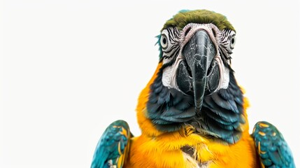 An inquisitive Blue-throated Macaw looking towards the camera, isolated on a white background.


