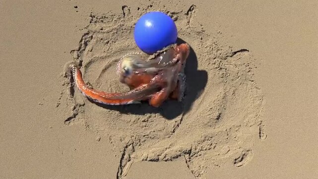 octopus playing in ball on the beach