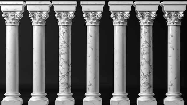 Seven ancient Greek Roman white classical marble columns with black background for justice courthouse building architectural structure tradition strength concept.