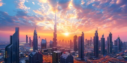 Fototapeta premium Stunning Cityscape with Towering Skyscrapers at Vibrant Sunset Futuristic Urban Landscape