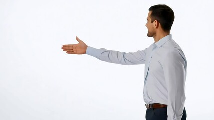 Smiling Man Gesturing with Open Hand with Ai generated.
