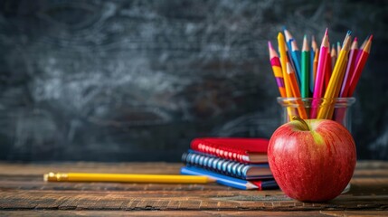 front view , School supply on wooden table chalkboard background