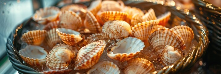Close-up View of Freshly Caught Scallops in a Basket - Detailed Shells and Textures