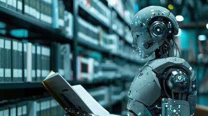 Fototapeta premium Robotic reading the book,literacy, training, data analysis