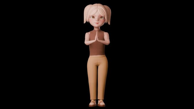 3D Animation of Chibi girl with pigtail hairstyles. folded hands gesture, namaste pose, cartoon animation render, Alpha channel, Transparent video	
