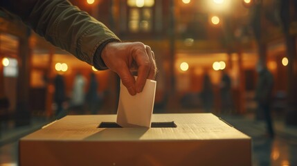  realistic and clean scene of a hand placing a voting ballot into a ballot box