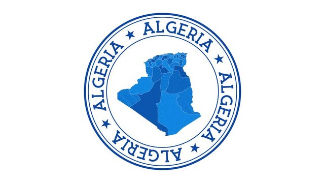 Algeria intro. Badge with the circular name and map of the country. Algeria round logo animation.
