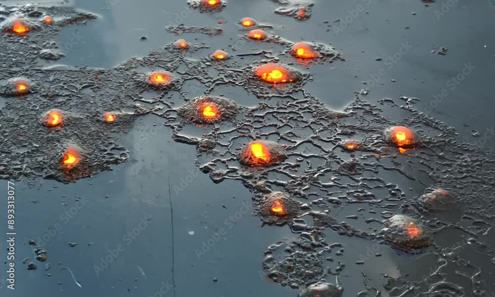 Poster intricate web of splatters forming a map of the welding process from molten blobs to hardened metal.