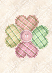 Ready-made postcard with decorative fabric lucky clover and button in the center. Plaid patterned elements. Sewing clipart. Hand-drawn watercolor vintage pattern on background.