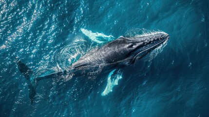 Fototapeta premium Top view of whale into the sea