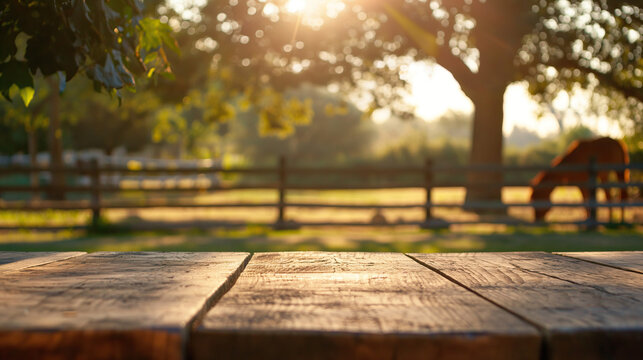 close up of rustic empty wooden table with blurred horse ranch farm background