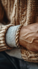 Fototapeta premium close-up shot of a tan-skinned man's wrist wearing a tight-fitting silver metal rope bracelet, needs to be the exact one like the refrence picture, focus on the bracelet, minimalist and sophisticated 