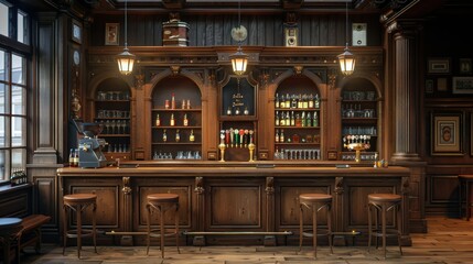 Obraz premium Traditional British Style Bar Interior with Wooden Pane