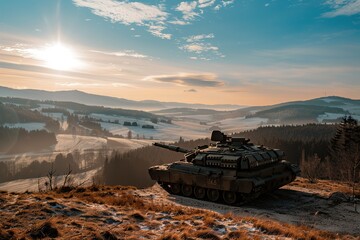 A tank, parked on a hilltop with a panoramic view of the landscape below 