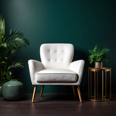 Studio background with dark green walls and white armchairs