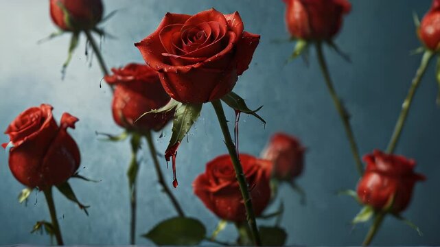 Vibrant red roses with sap dripping against a deep blue background, creating a captivating and mysterious atmosphere perfect for romantic occasions