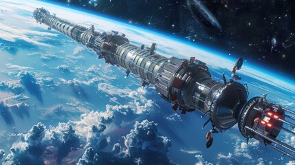 A futuristic space station orbiting Earth, highlighting advancements in space exploration and technology.