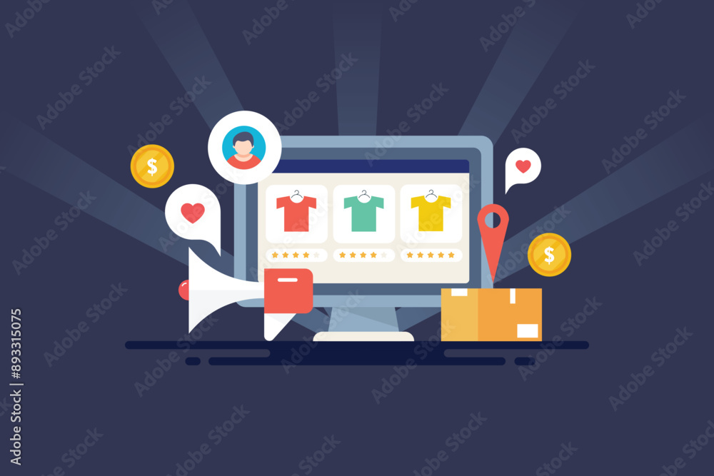 Poster online shopping ecommerce website, product display and checkout process. reaching online users with 