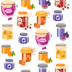 Jam pattern. Conserved fruits, confiture, jelly marmalade in jars, seamless background design. Sweet preserves, repeating print, texture for wrapping, textile, fabric. Colored flat vector illustration