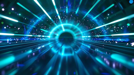 Description Abstract tunnel from digital neon lights on dark background futuristic sparkling lines of dark blue and green colors