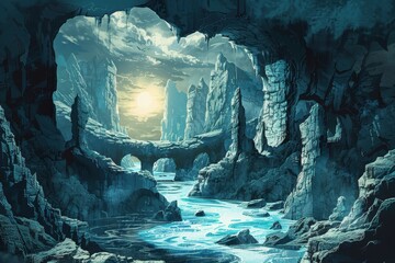 Mysterious cavern with a glowing river and ancient stone bridge