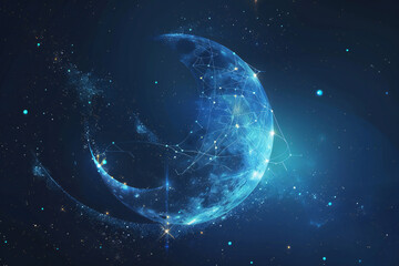 Obraz premium Abstract Digital Crescent Moon with Light Effects, Celestial Night Sky Art
