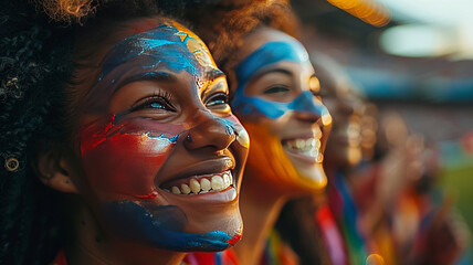 soccer fans with face paint on the stands yelling in a cinematic,generative ai