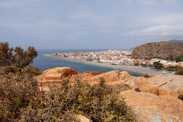 Fototapeta premium Playa Calahonda beach, rocks and sea in Mijas Costa del Sol in Andalusia, southern Spain