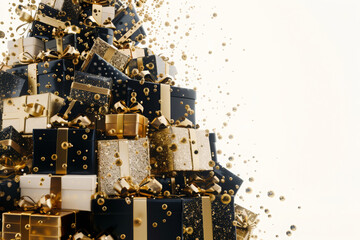 Christmas background with black and gold gift boxes, Christmas tree branches & golden balls on white background. New Year & Xmas design concept, template for card or banner. 