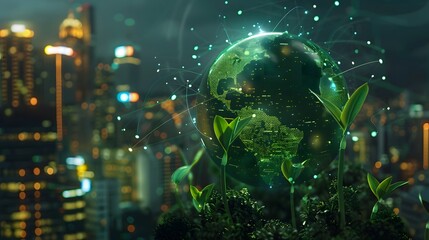 Naklejka premium A green holographic globe with digital plants sprouting, set against a night-time city skyline, representing growth and the planet's protection