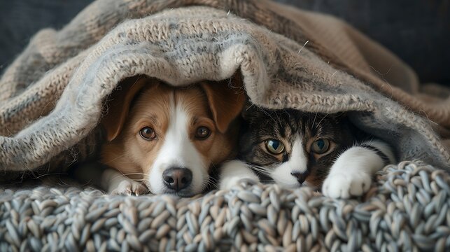 Dog and cat looking at camera pets hid from the cold under a warm blanket