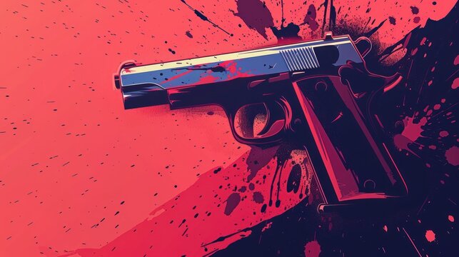 Vibrant handgun illustration with splashes of color.
