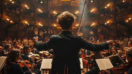 Obraz premium man, 40 years, he is conducting an entire orchestra of teenagers on a theater scene, generative ai