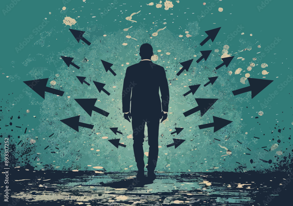 Poster businessman facing multiple directions arrows concept of uncertainty and decision-making challenges 
