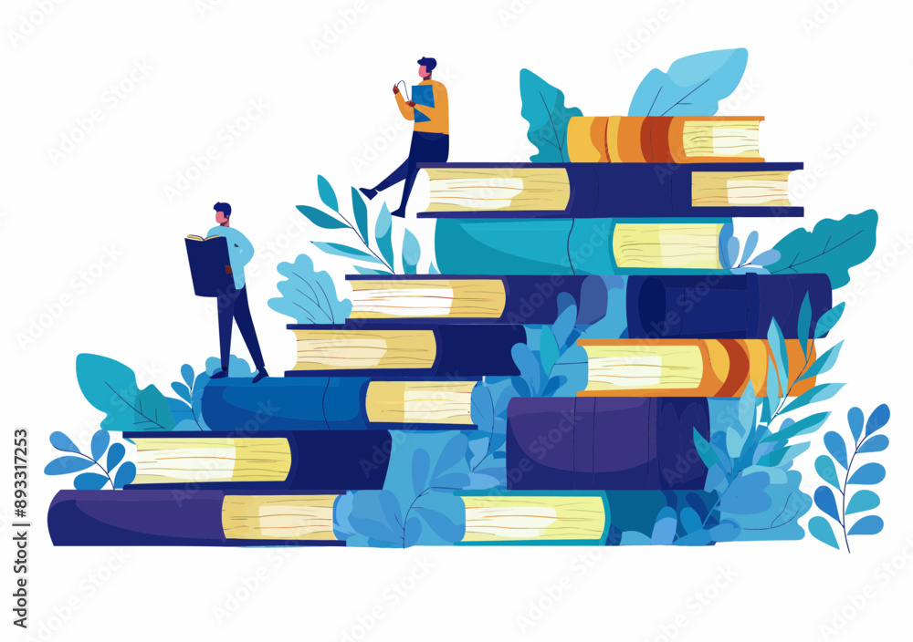 Poster stack of books as steps with people studying, minimalistic vector illustration representing steps to